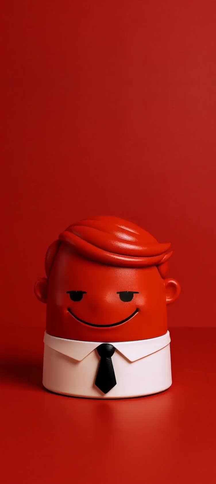 Sal, a red figure with a side parting, a white collar and a black tie, smiling on a red studio floor.
